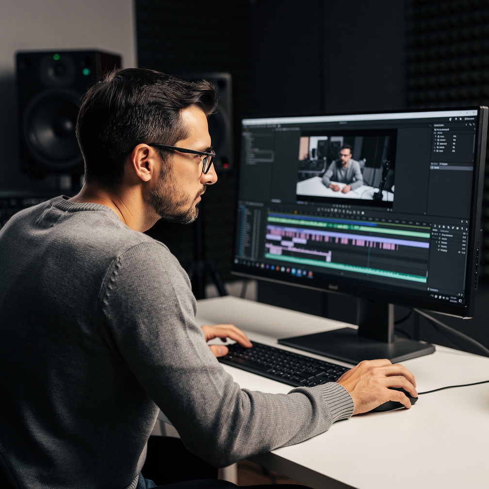 European man editing video footage on a monitor