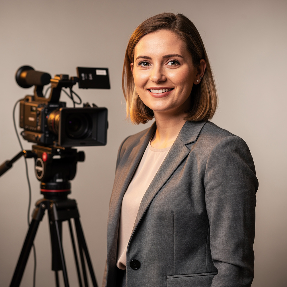 Young Belgian woman presenter speaking in front of a video camera
