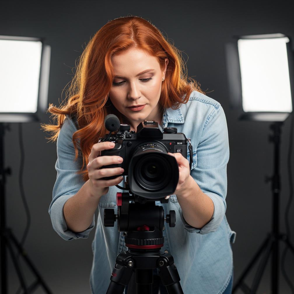Woman with red hair operating camera equipment in a studio