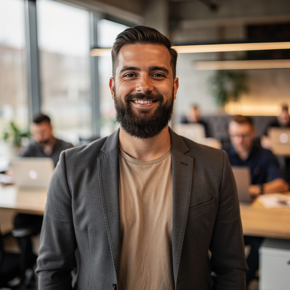 Portrait of a satisfied startup founder man