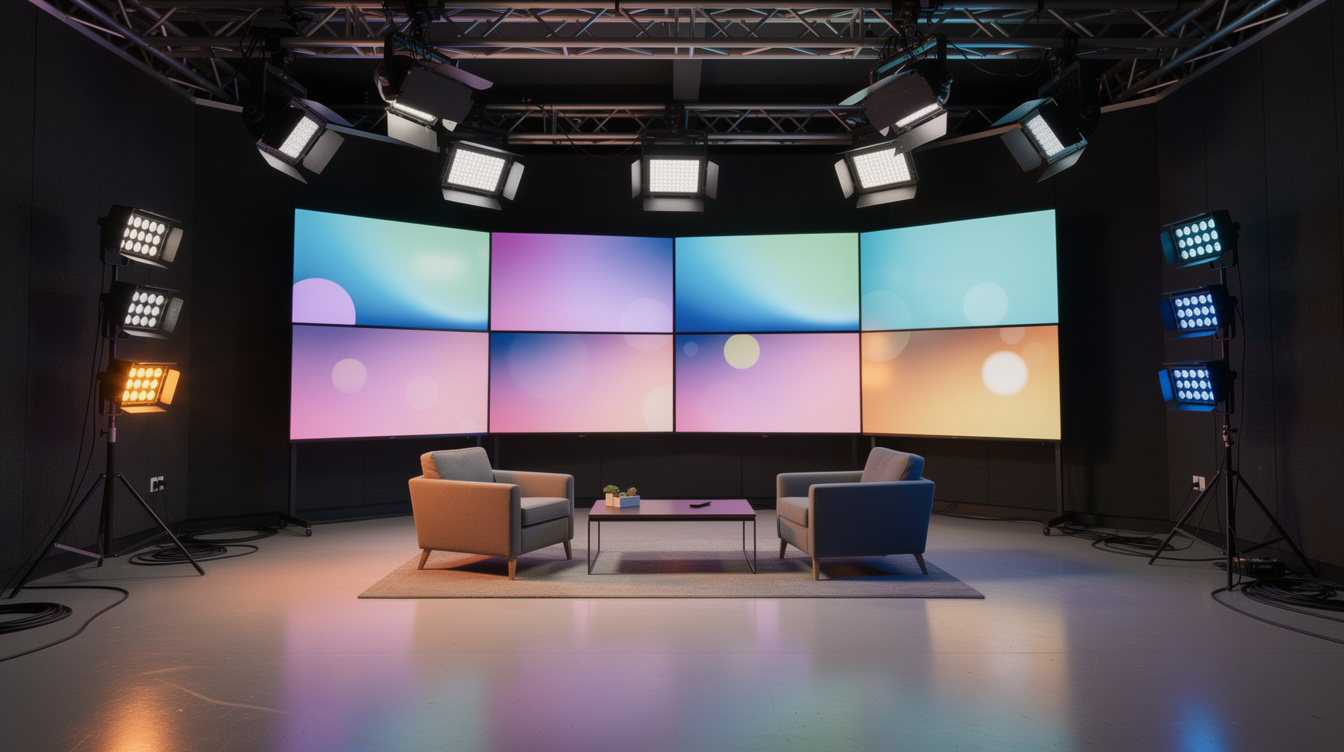 Wide view of a video production studio with lighting rigs