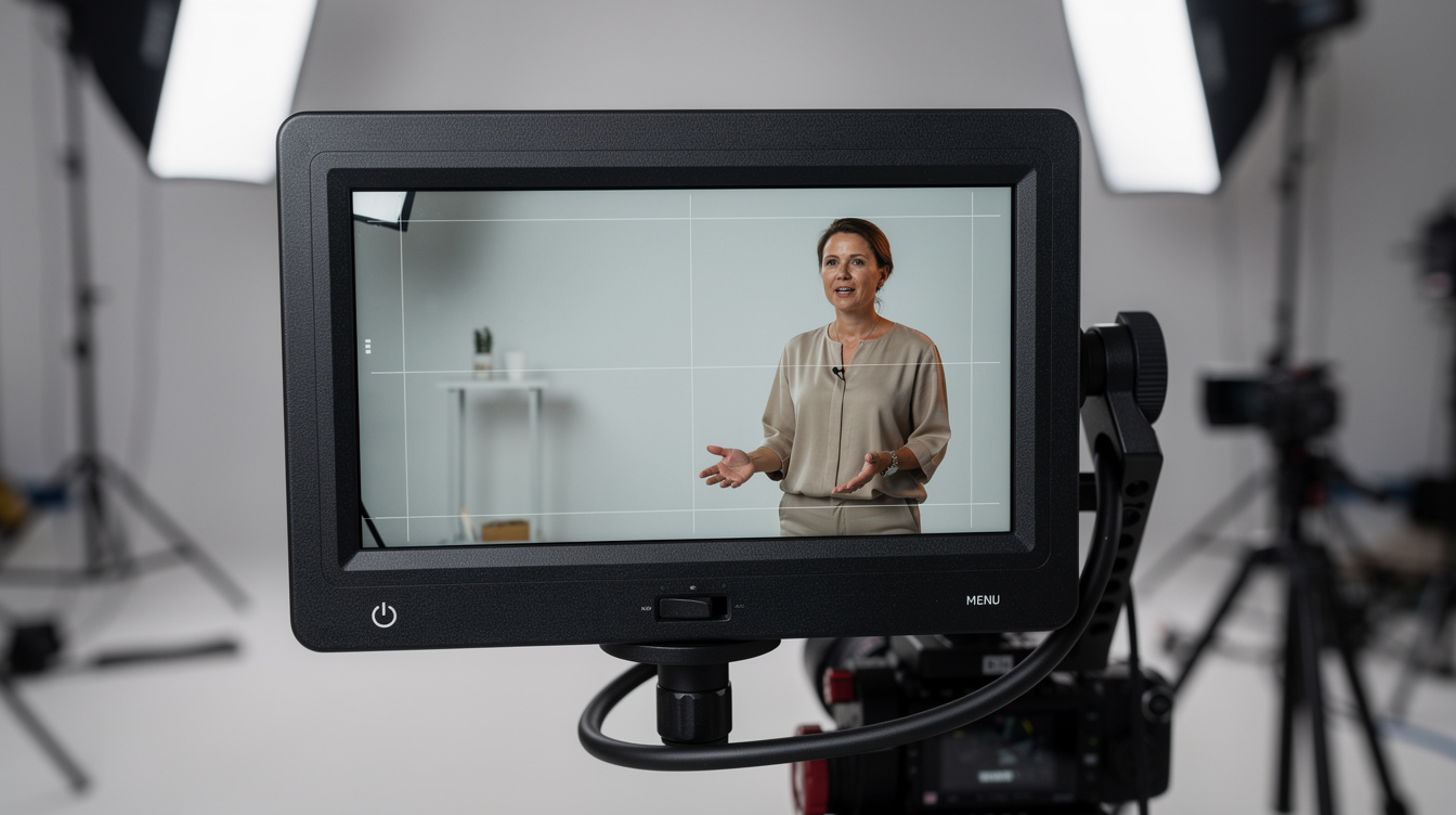 Camera monitor showing a framed shot of a presenter