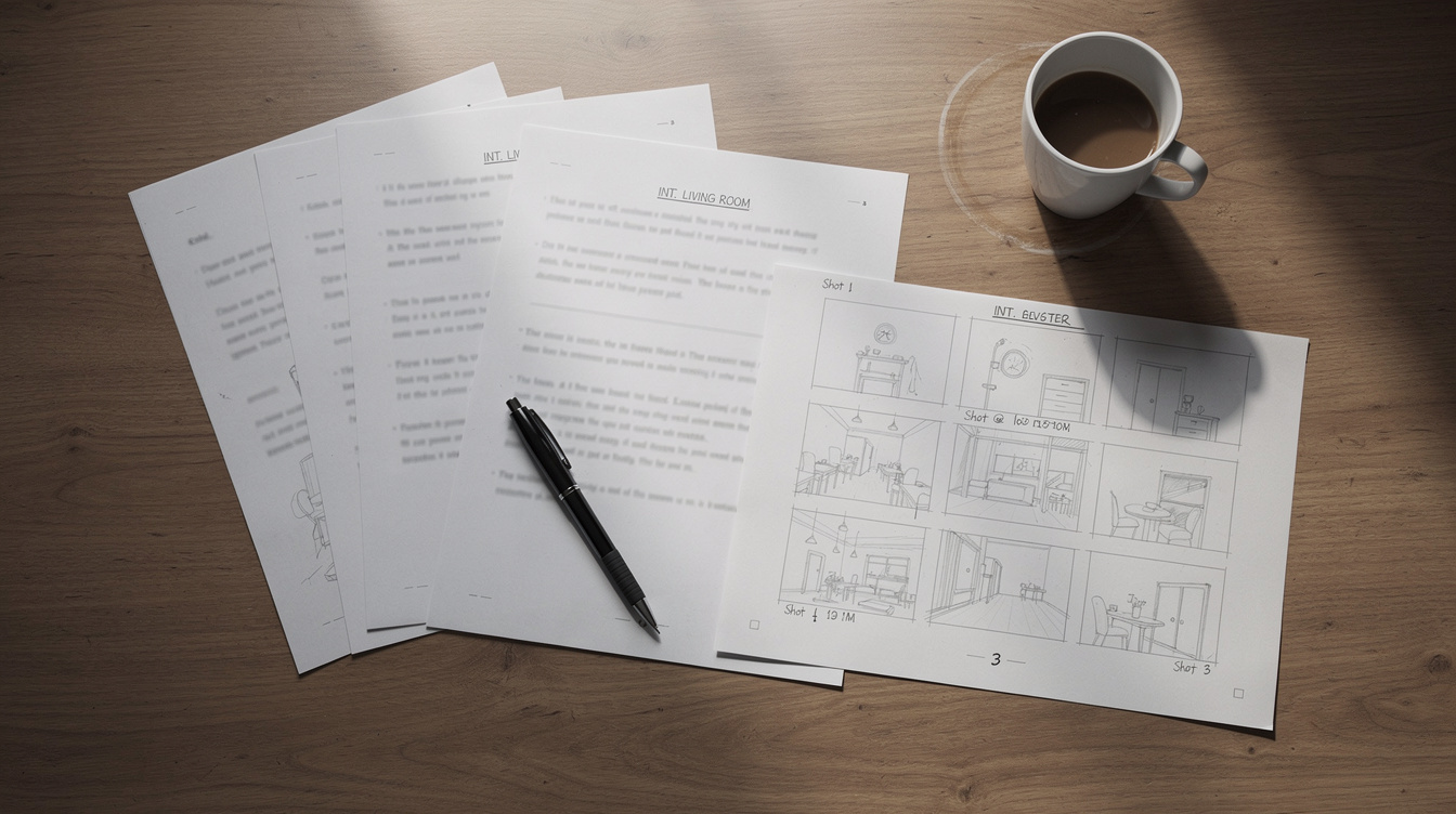 Storyboard and script pages spread on a desk