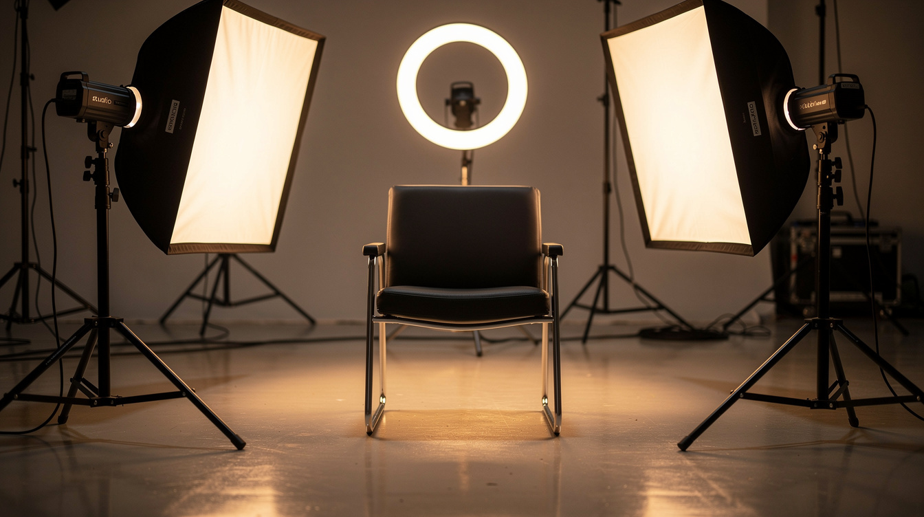 Softbox studio lights arranged around a filming set